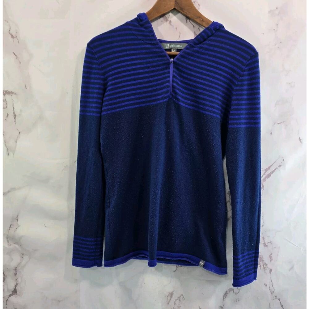 Title Nine Sweater Womens Medium Purple Blue Quarter Zip Hooded Striped